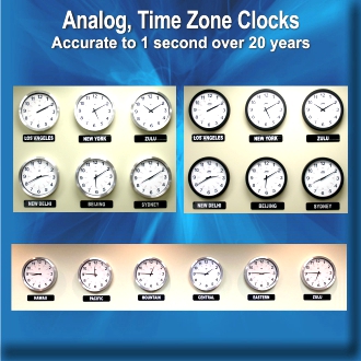 BRG Analog Time Zone Clocks, Analog World Clocks, Analog Zulu Clocks, Black and Aluminum Analog Clocks