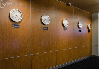 BRG Analog Time Zone Clock in a Rise Display at the Robert Morris Universtiy