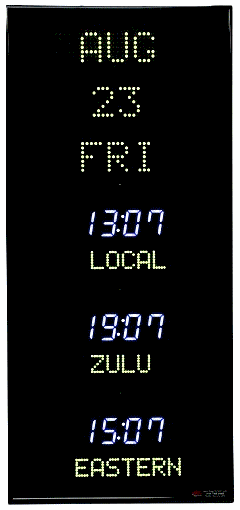 The BRG Model 3618B Time Zone Clock features 3 time zones illuminated by 1.8 inch bar segment LEDs, The date is comprised of 2.0 inch dot matrix LEDs and the time zone labels feature 1.2 inch dot matrix LEDs.  Time Zone Display, Time Zone Displays, World Clock, UTC Clock, Multi Location Clock, Zulu Clock, Multi-location Clock, Digital Clock, Digital Time Zone clock.